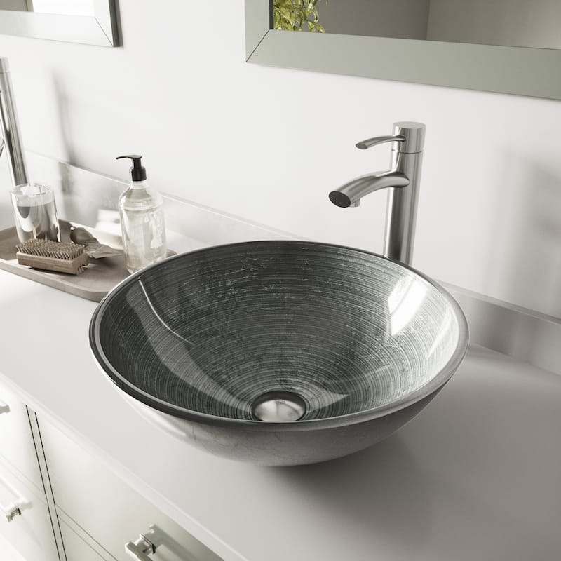 VIGO Giovanni 17"L x 17"W Glass Vessel Sink and Milo 13"H Faucet Set