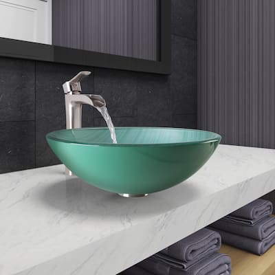 VIGO Whispering Wind Glass Vessel Bathroom Sink and Niko Faucet Set in Brushed Nickel Finish