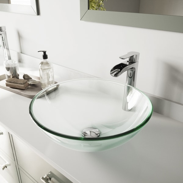 VIGO Crystalline Glass Vessel Bathroom Sink and Niko Chrome Faucet Set