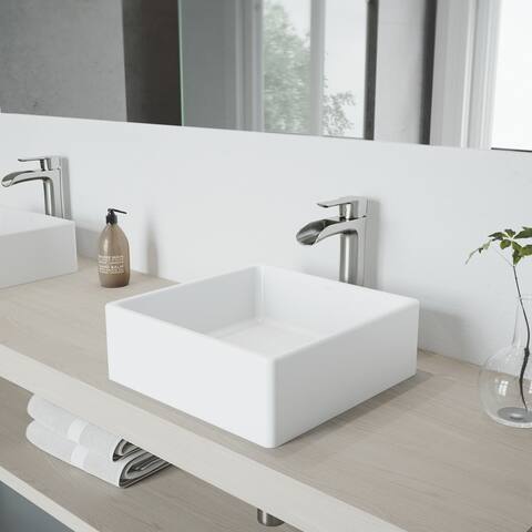 VIGO Dianthus White Vessel Bathroom Sink Set with Niko Faucet