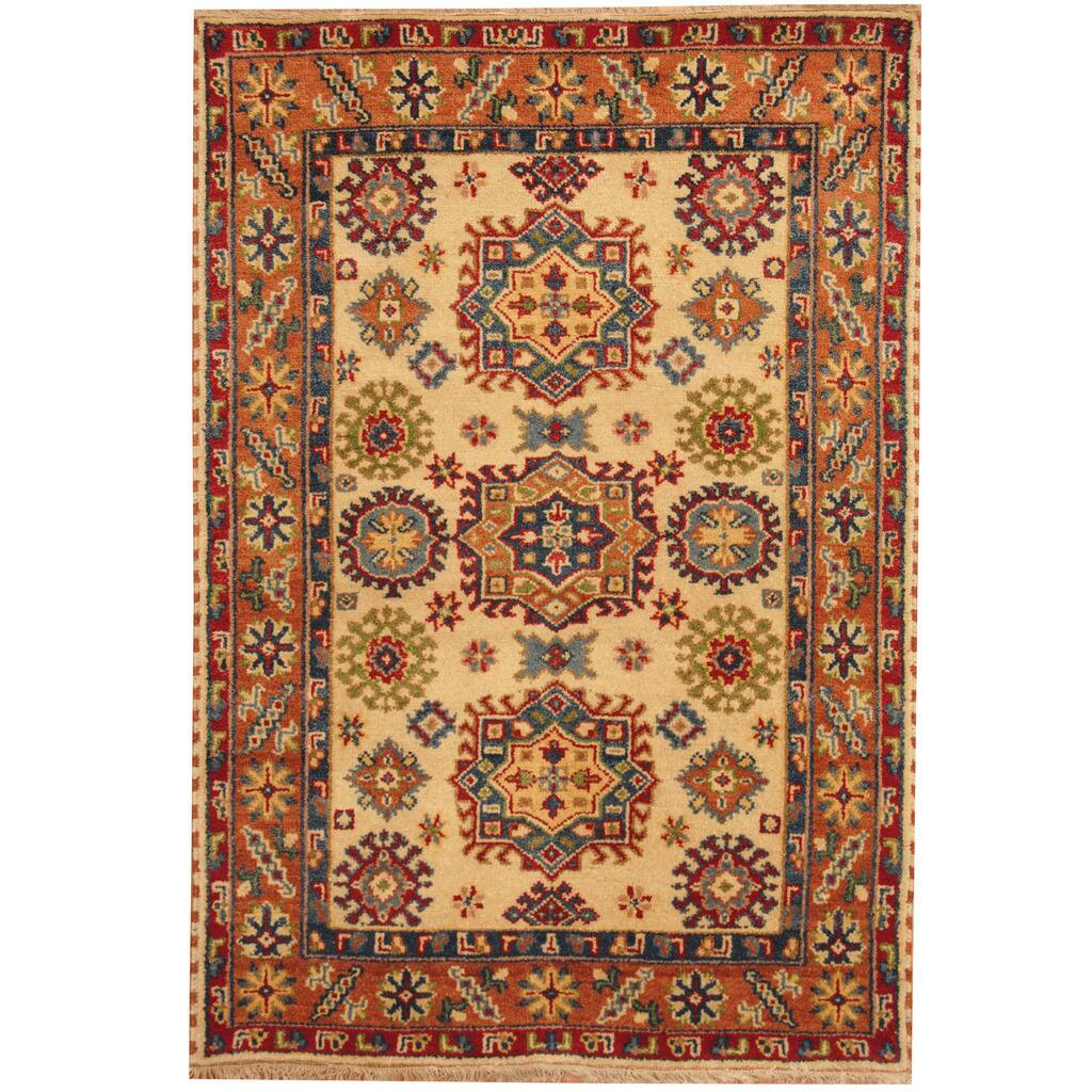 HERAT ORIENTAL Handmade One-of-a-Kind Geometric Kazak Wool Rug - 4' x 6'