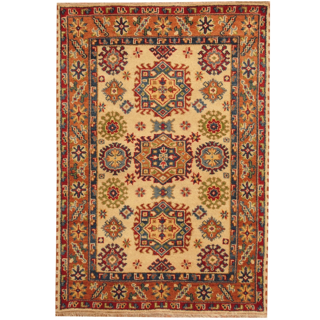 HERAT ORIENTAL Handmade One-of-a-Kind Geometric Kazak Wool Rug - 4' x 6'