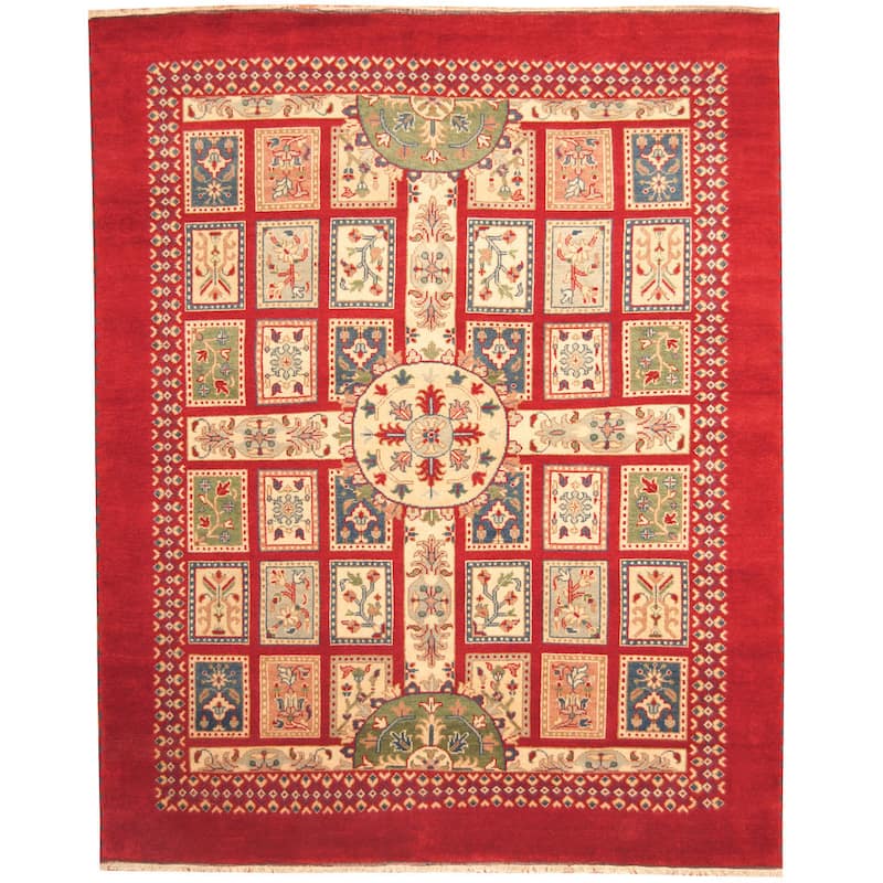 Handmade Kazak Traditional Handmade Wool Rug (India) - 8' x 10' - 8' x 10' - Red/Ivory