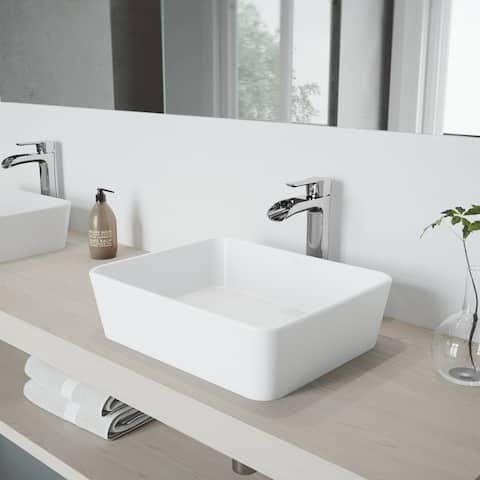 VIGO Marigold White Vessel Bathroom Sink Set with Niko Chrome Faucet