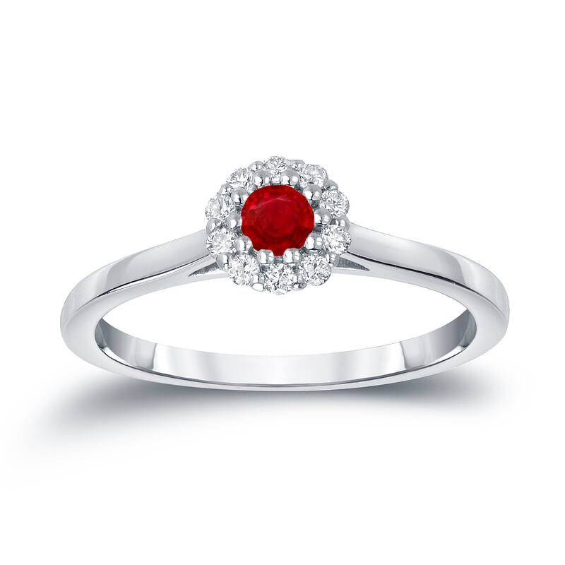 Auriya 14k Gold 1/6ct Ruby and 1/6ct TDW Diamond Halo Engagement Ring - 4 - White