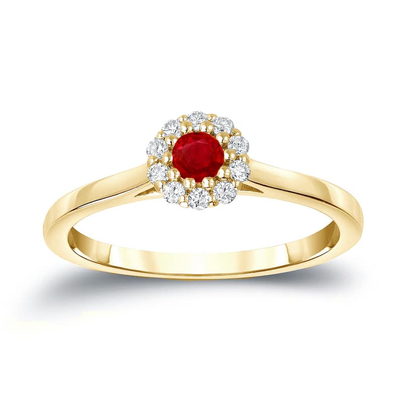 Auriya 14k Gold 1/6ct Ruby and 1/6ct TDW Diamond Halo Engagement Ring - 4 - Yellow