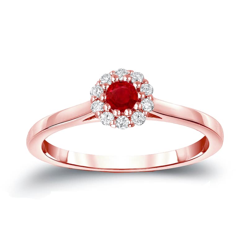 Auriya 14k Gold 1/6ct Ruby and 1/6ct TDW Diamond Halo Engagement Ring - 4 - Rose