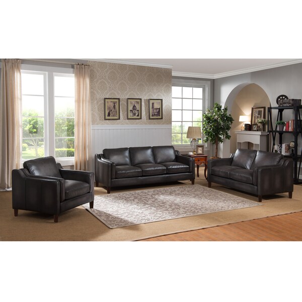 Ames Premium Hand Rubbed Grey Top Grain Leather Sofa, Loveseat and Chair