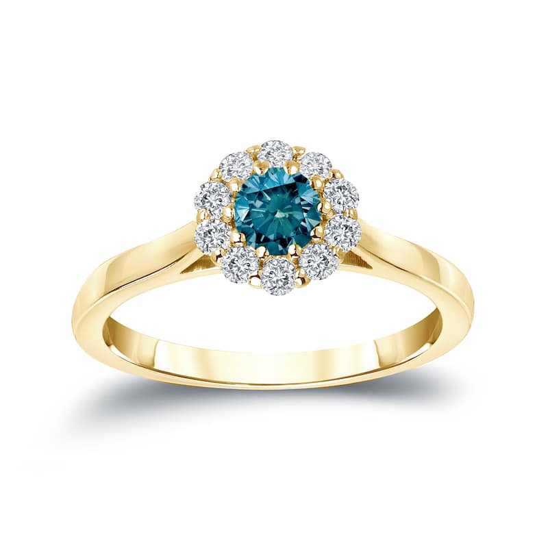 Auriya Round Halo Blue Diamond Engagement Ring 1/2ct TDW 14K Gold (H-I, I1-I2) - 4 - Yellow