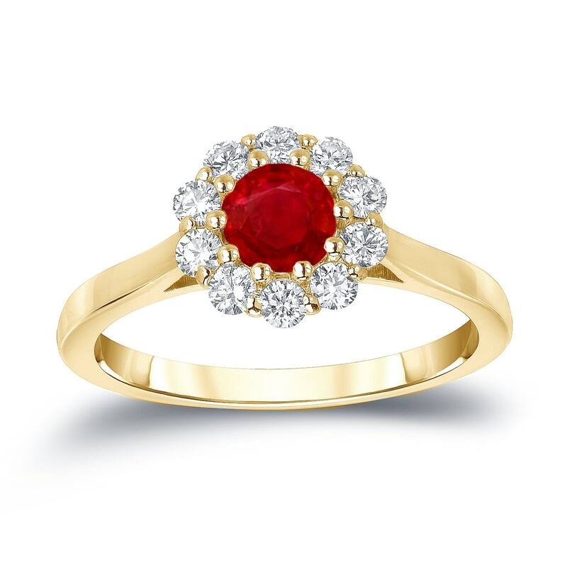 Auriya 1/2ct Red Ruby Gemstone and 1/3ctw Halo Diamond Engagement Ring 14k Gold - 4 - Yellow