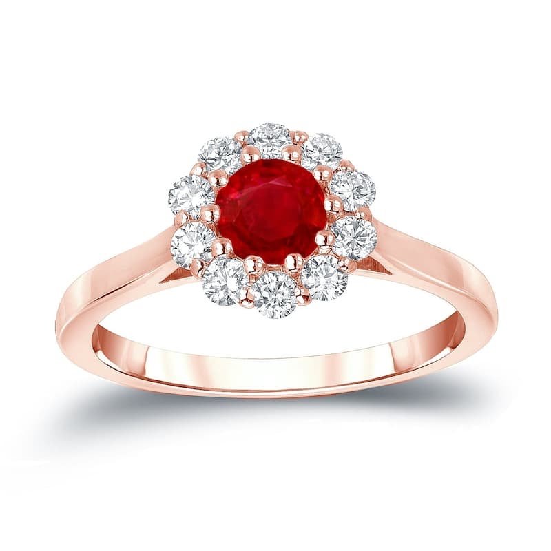 Auriya 1/2ct Red Ruby Gemstone and 1/3ctw Halo Diamond Engagement Ring 14k Gold - 4 - Rose