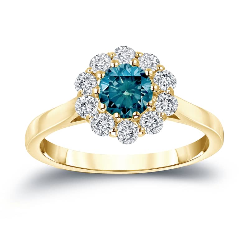 Auriya Round Halo Blue Diamond Engagement Ring 1 carat TDW 14K Gold (H-I, I1-I2) - 4 - Yellow