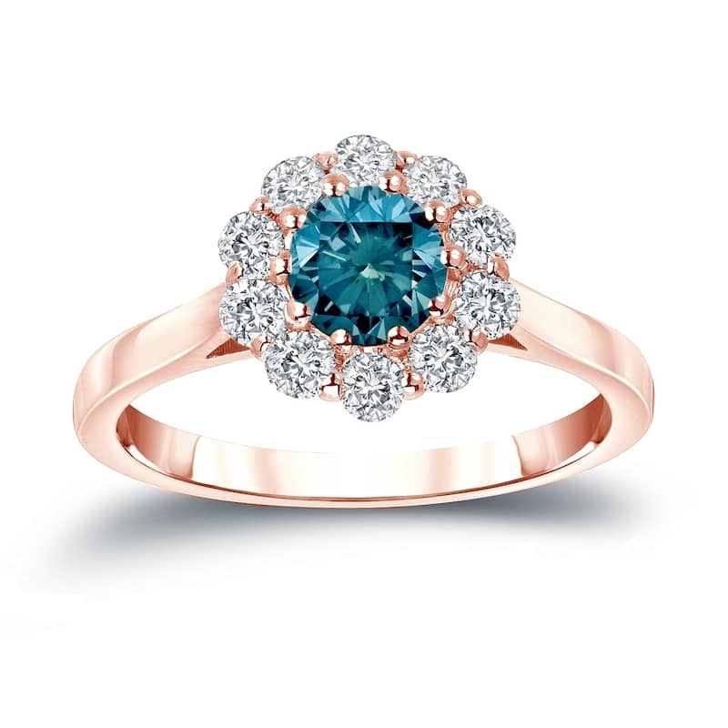 Auriya Round Halo Blue Diamond Engagement Ring 1 carat TDW 14K Gold (H-I, I1-I2) - 4 - Rose