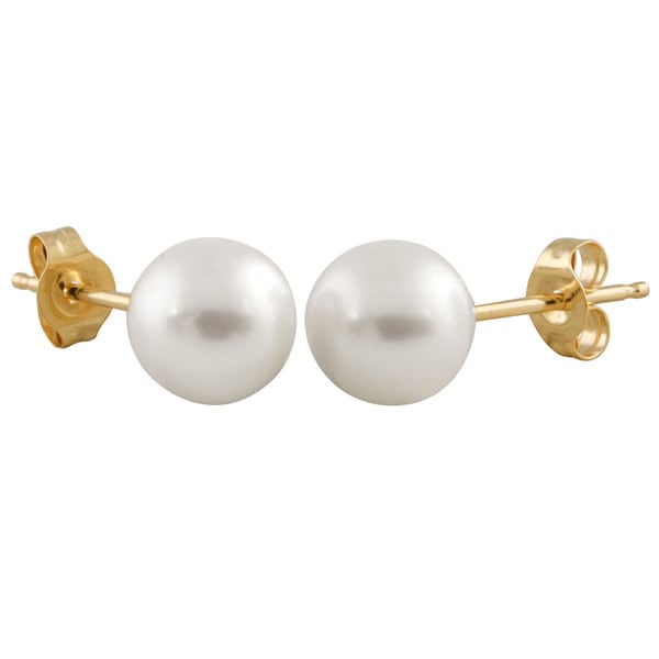 14k Yellow Gold Round Freshwater Pearl Earrings (6mm) - Pink