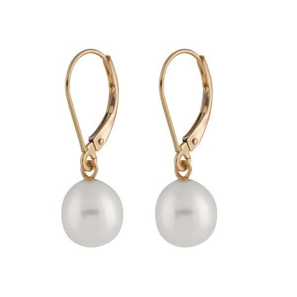 14k Yellow Gold Dangling Leverback Pearl Earrings 7 8mm 14k Yellow Gold Dangling Leverback Pearl Earrings 7 8mm