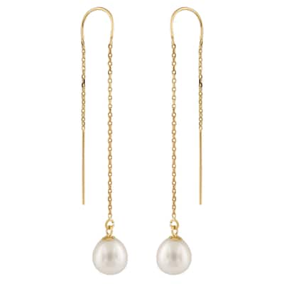14k Yellow Gold Freshwater Pearl Long Dangle Earrings (7-8mm)