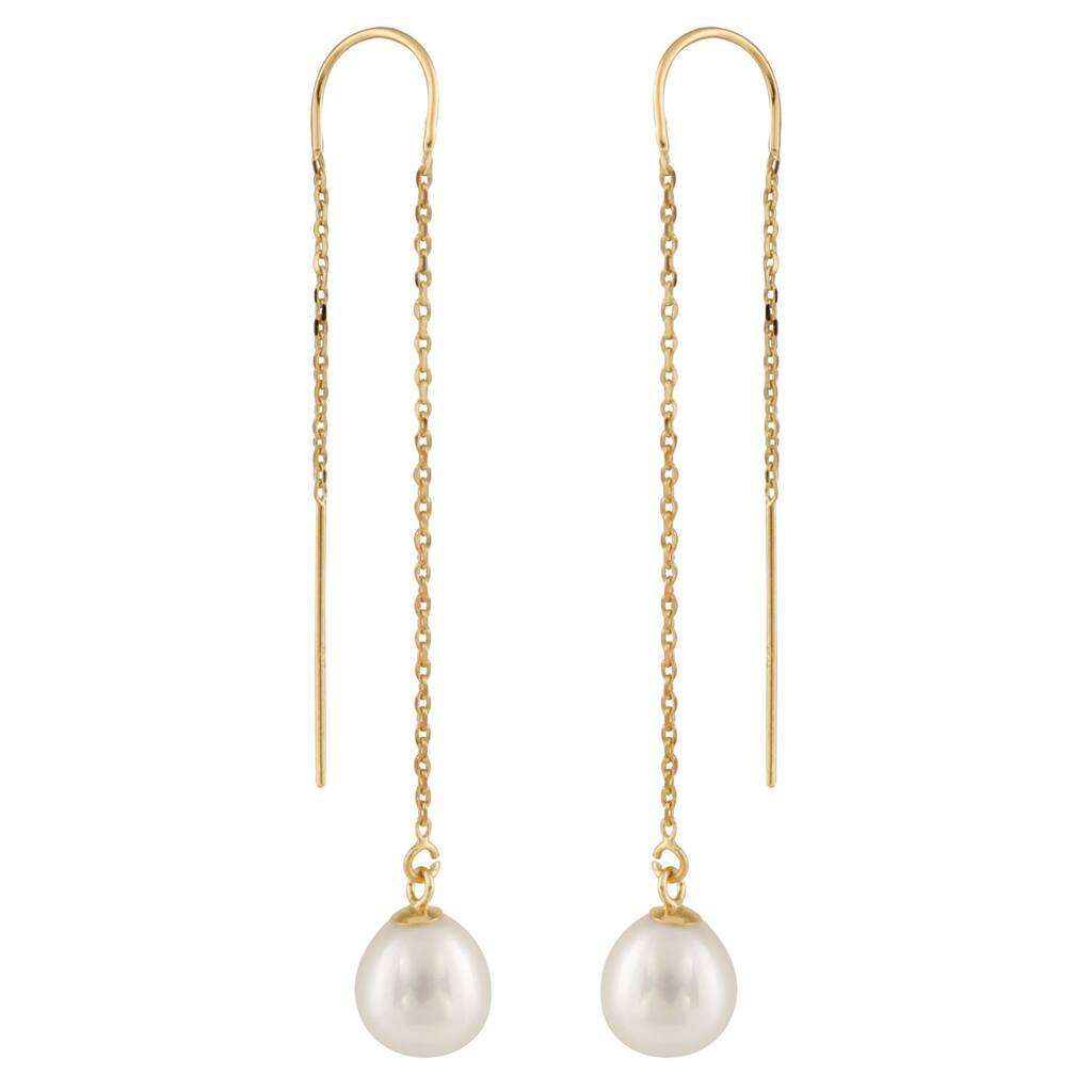14k Yellow Gold Freshwater Pearl Long Dangle Earrings (7-8mm)