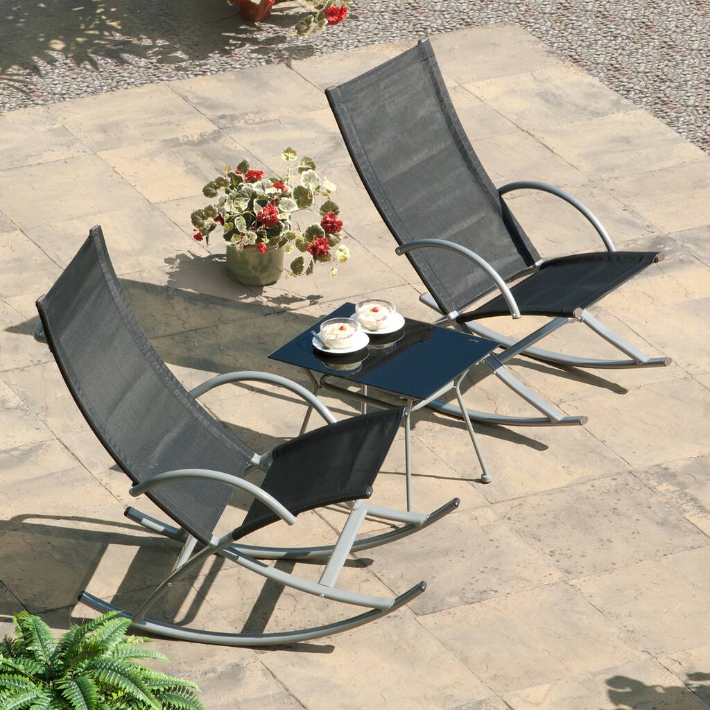 3-piece Black Outdoor Rocking Chair and Table Set