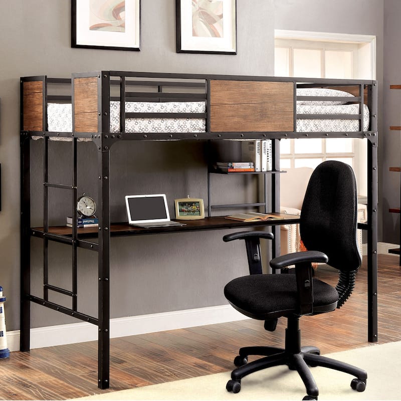 Jown Industrial Black Twin Metal Loft Bed with Workstation by Furniture of America