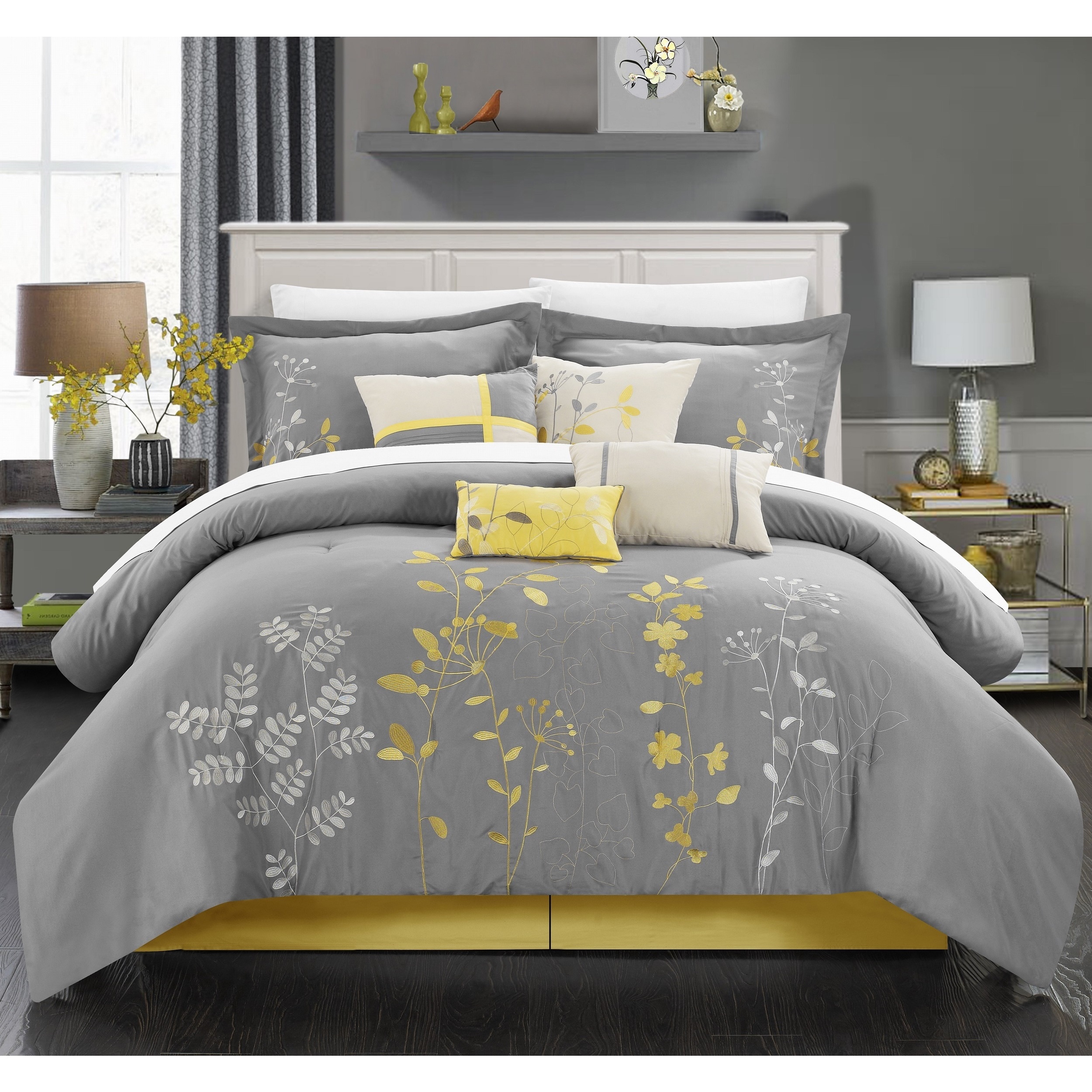 Yellow Gray Grey White Large Flower Floral 5 pc Comforter Set