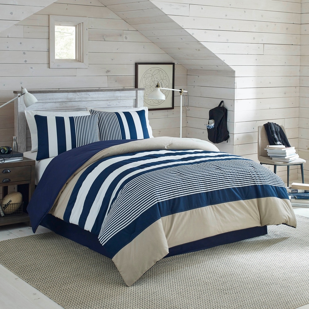 Microfiber Nautical Comforter set Navy Blue Striped Twin Full Queen