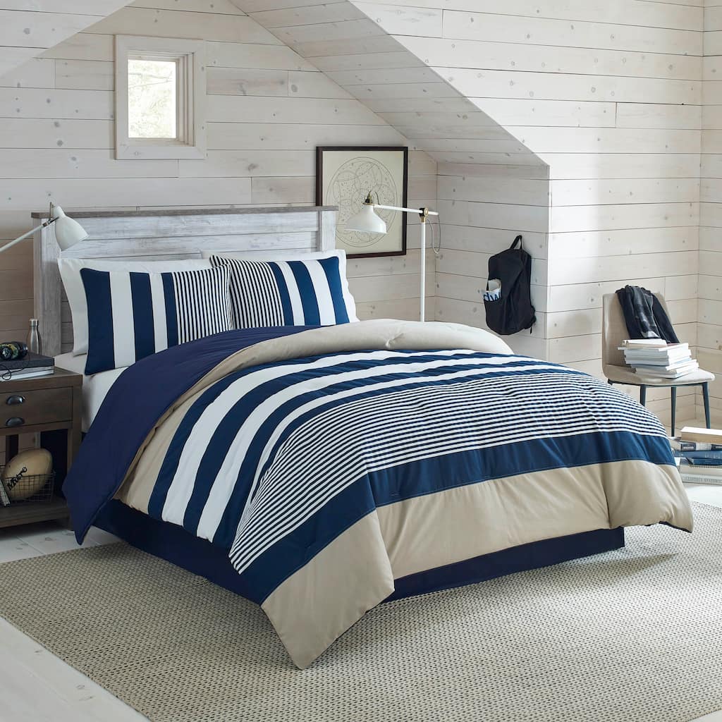 IZOD Classic White, Blue, and Khaki Stripe 4-piece Comforter Set