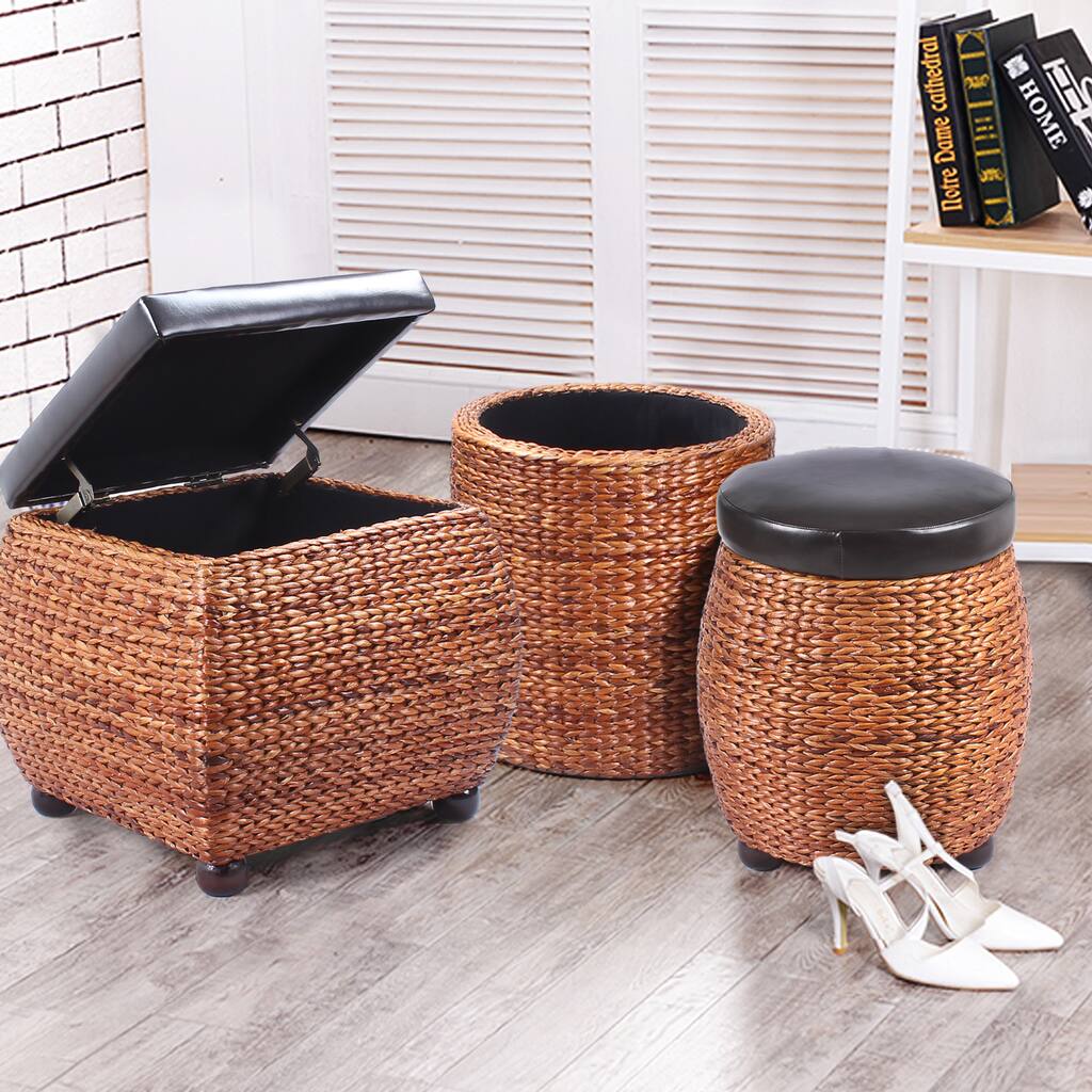 Adeco Brown Storage Ottoman Stool with Bulrush Weave, and Upholstery with Sponge Fill