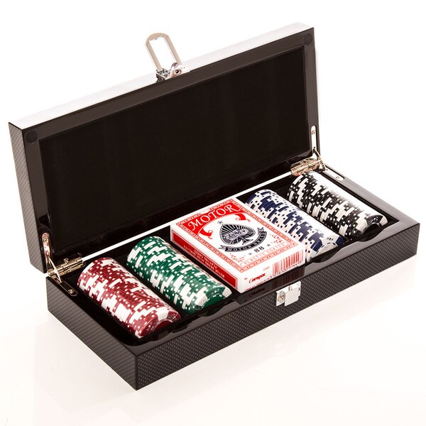 Carbon Fiber Poker Box, 100 Chip Set with Double Deck Cards Free