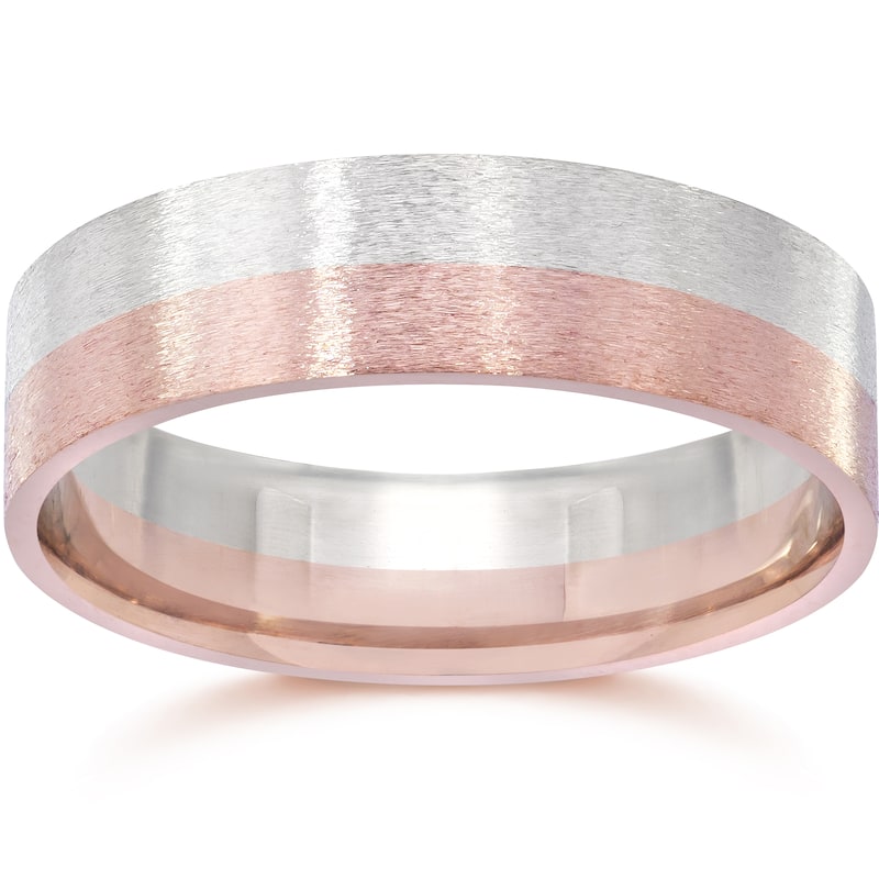 14k Two-Tone Rose & White Gold Men's 6mm Brushed Wedding Band - Size 6
