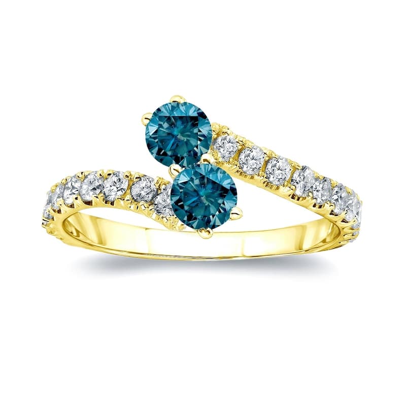 Auriya 14k Gold 3/4 carat TW 2-Stone Blue Diamond Engagement Ring - 4 - Yellow