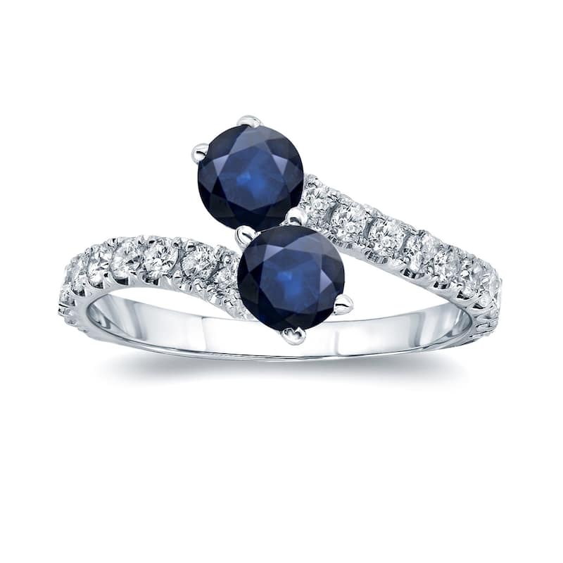 Auriya 14k Gold 1 1/2ct Blue Sapphire and 1/2ctw 2-stone Diamond Engagement Ring - 4 - White