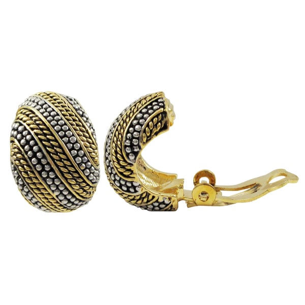 Luxiro Two-tone Gold Finish Textured Curve Huggie Clip-on Earrings - Silver