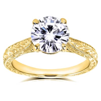 Annello by Kobelli 14k Yellow Gold 1 1/2ct TGW Forever One Moissanite and Diamond Antique Cathedral Engagement Ring