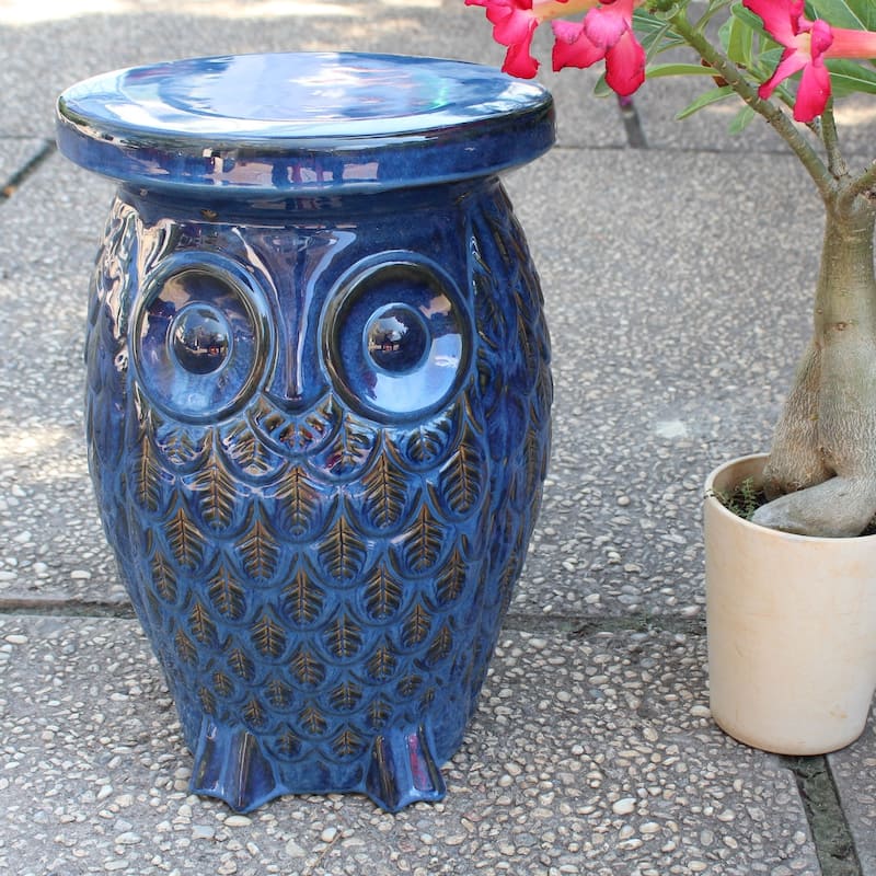 Wise Old Owl Ceramic Garden Stool - Navy Blue