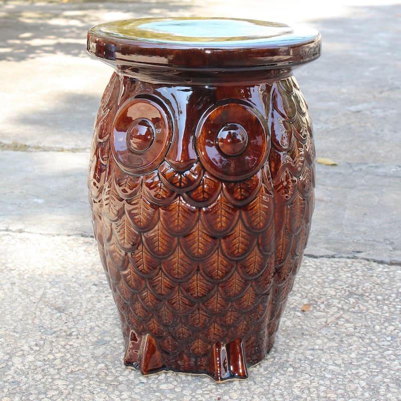 Wise Old Owl Ceramic Garden Stool - Brown