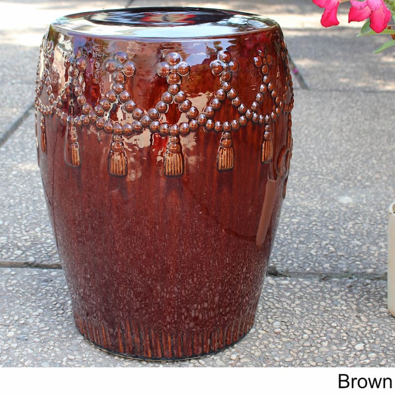 Glazed Ceramic Tasseled Garden Stool - Brown