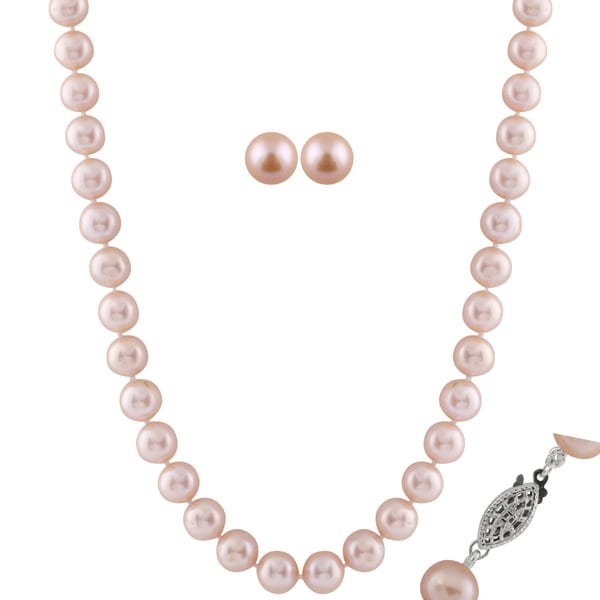 Rhodium-plated Sterling Silver Pink Freshwater Pearl Set