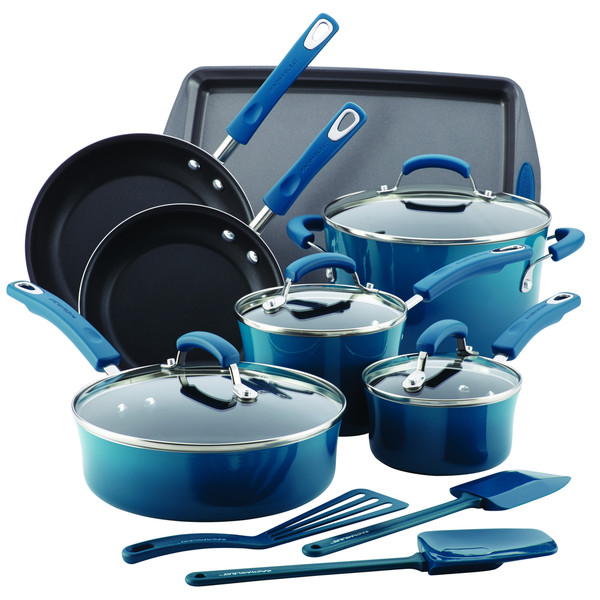 Rachael Ray Hard Enamel Nonstick 14 Piece Cookware Set, Marine Blue