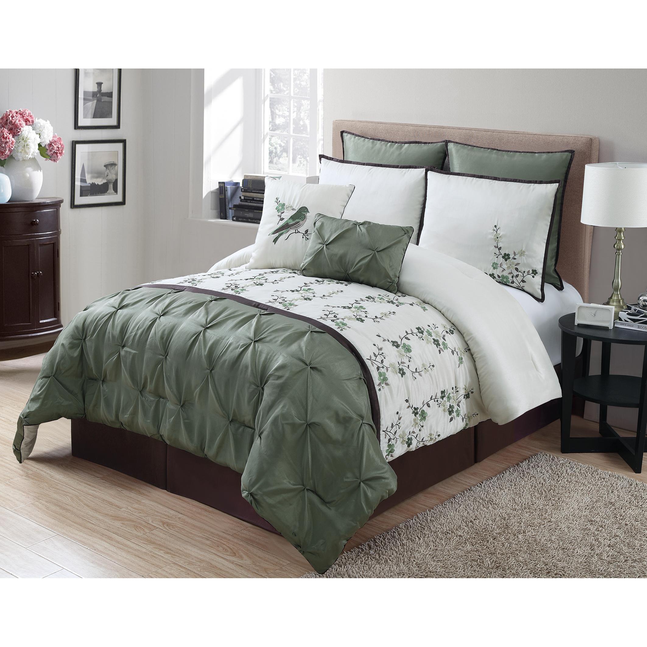 Shop Green Pintuck Floral Queen Sized 8 Piece Comforter Set Free