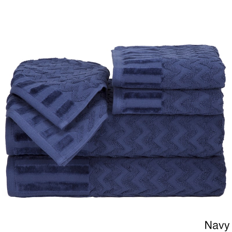 6-Piece Cotton Deluxe Plush Bath Towel Set – Chevron Patterned by Windsor Home - Navy