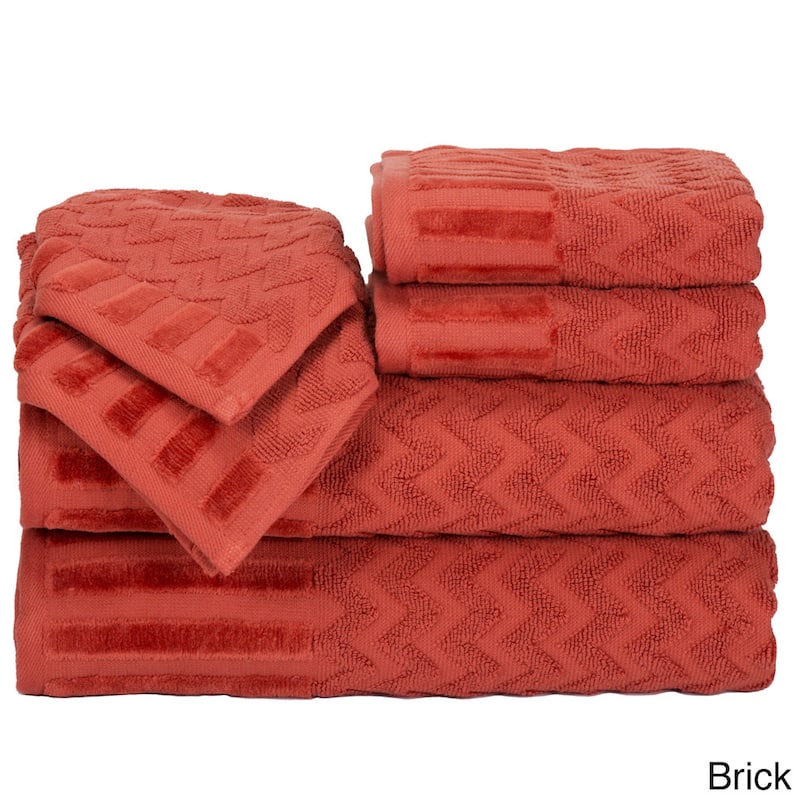 6-Piece Cotton Deluxe Plush Bath Towel Set – Chevron Patterned by Windsor Home - Brick