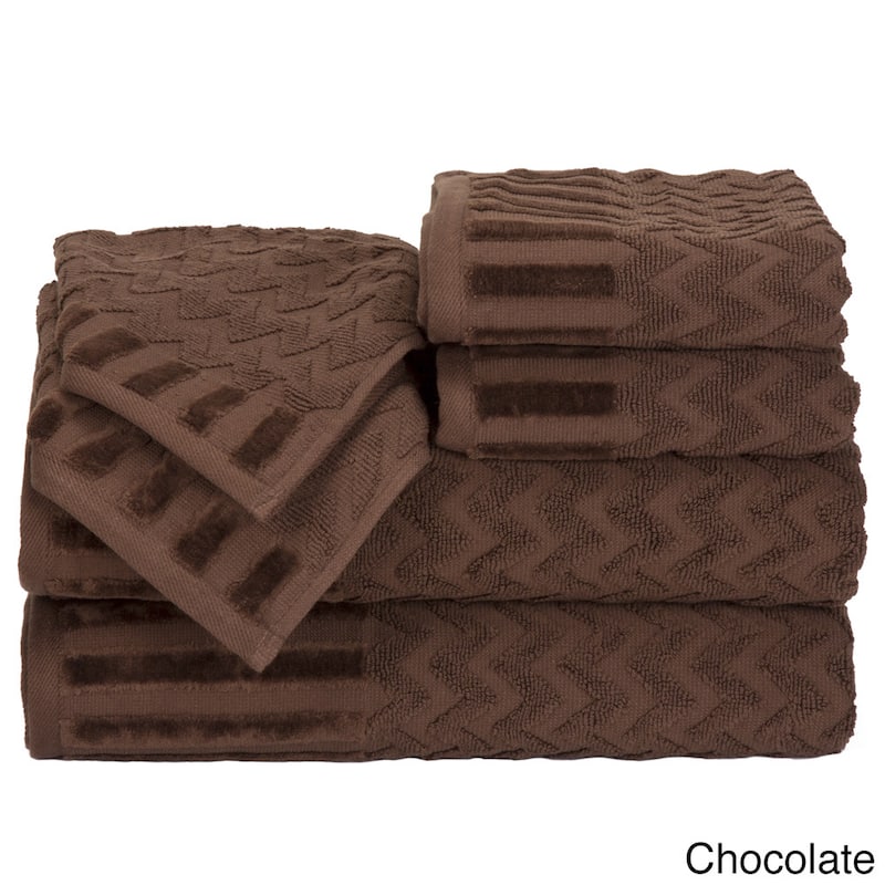 6-Piece Cotton Deluxe Plush Bath Towel Set – Chevron Patterned by Windsor Home - Chocolate