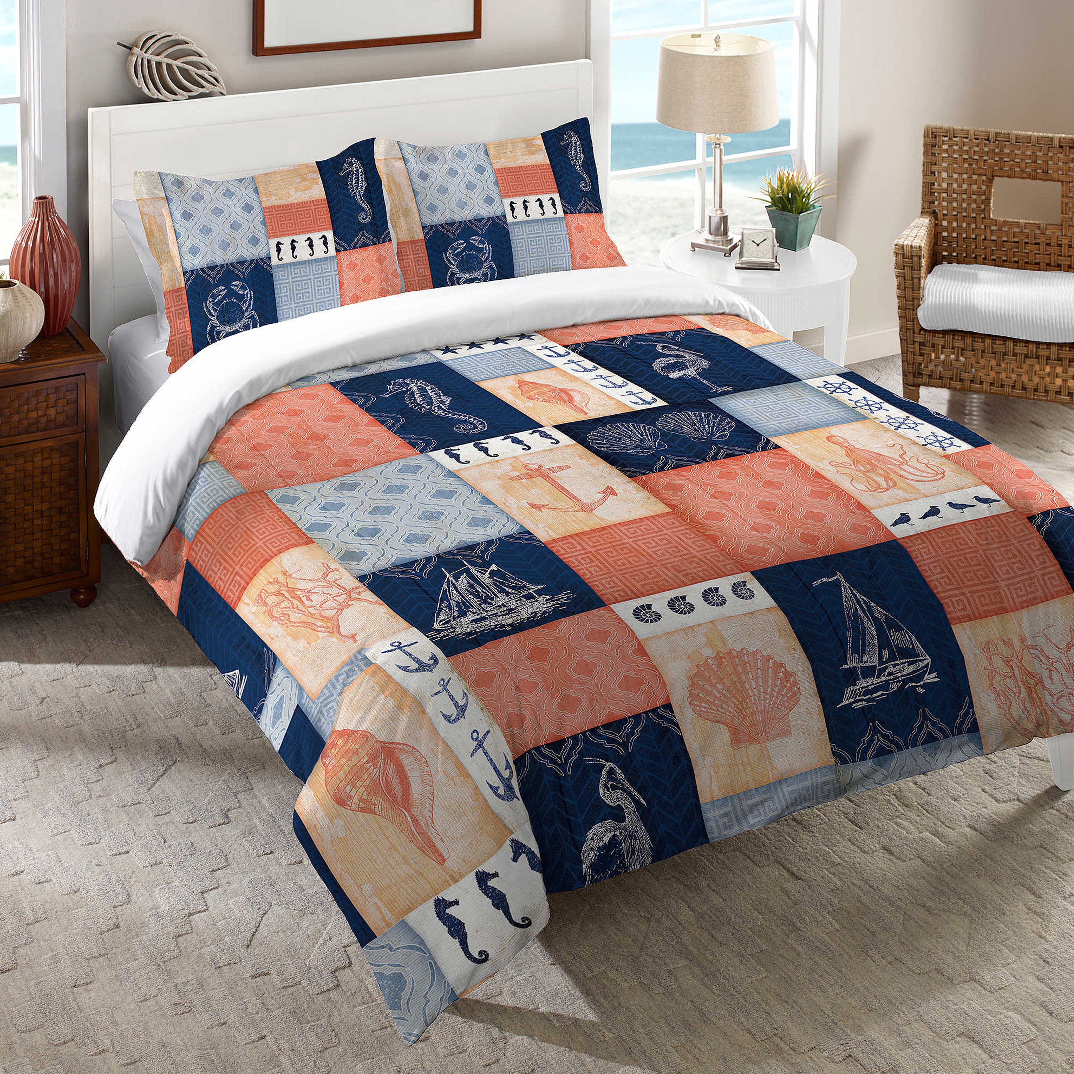 Shop Laural Home Navy And Coral Coastal Patchwork Duvet Cover