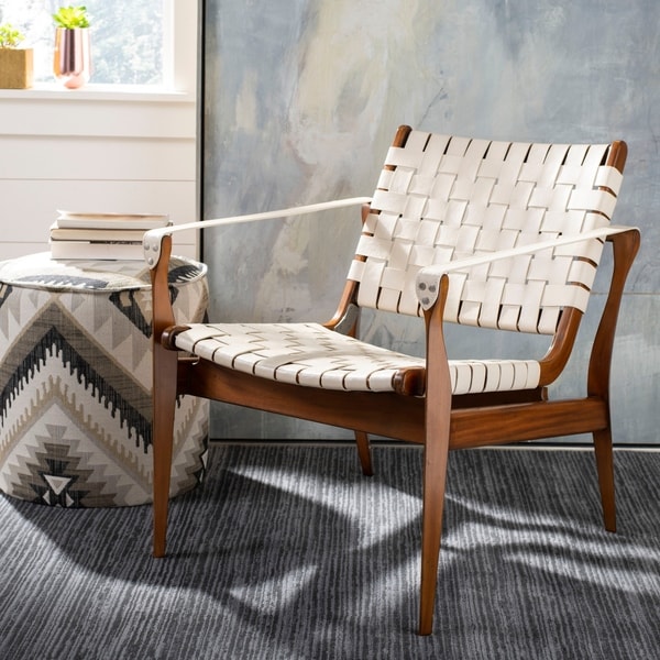 Safavieh Couture High Line Collection Dilan Mahogany Cream Leather Safari Bandelier Chair