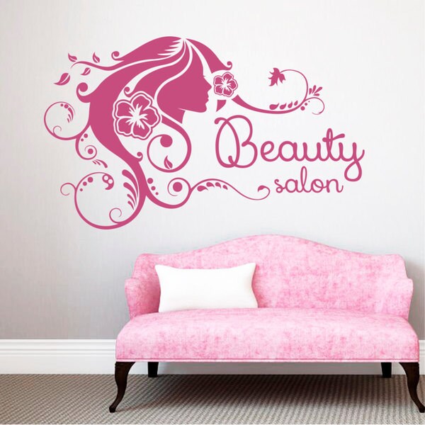 Wall Decal Fashion Beauty Salon Face Girl Woman Long Hair Design Vinyl Decals Decor Pink Overstock