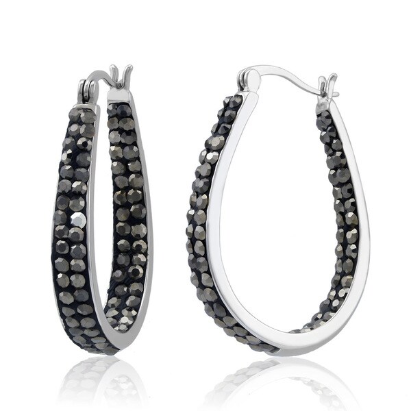 Rhodium Plated Jet Black Crystal In And Out Hoop Earrings Rhodium Plated Jet Black Crystal In And Out Hoop Earrings