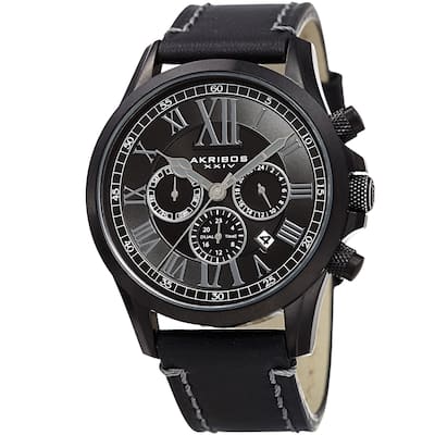 Akribos XXIV Men's Quartz Dual-time Multifunctional Leather Black Strap Watch