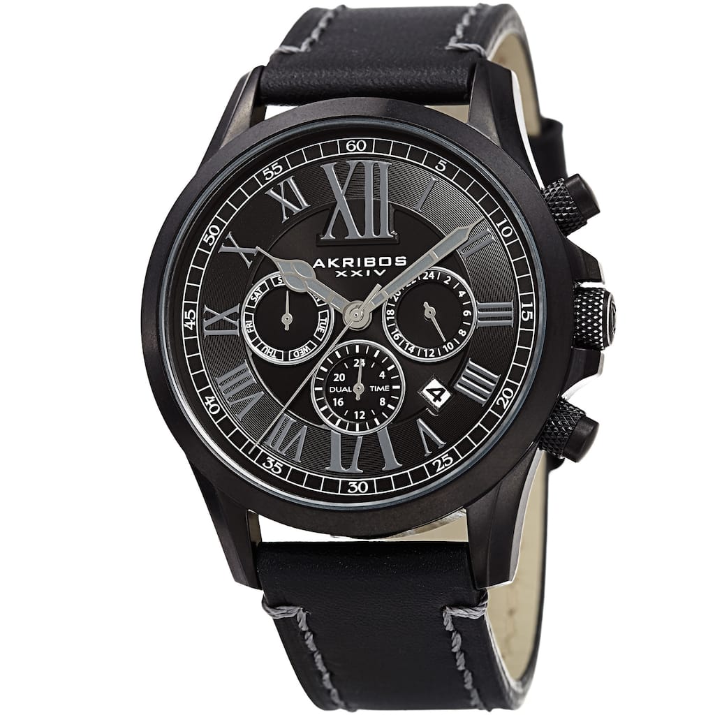 Akribos XXIV Men's Quartz Dual-time Multifunctional Leather Black Strap Watch