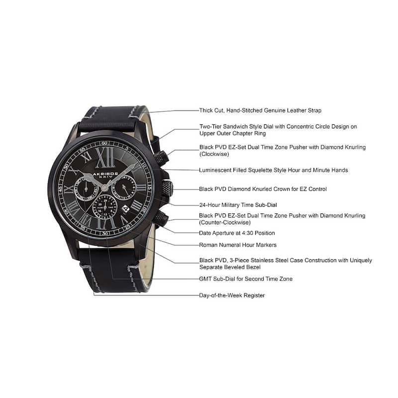 Akribos XXIV Men's Quartz Dual-time Multifunctional Leather Black Strap Watch
