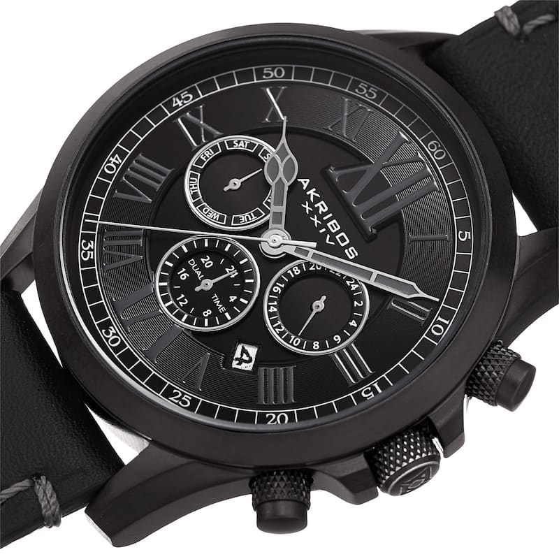 Akribos XXIV Men's Quartz Dual-time Multifunctional Leather Black Strap Watch